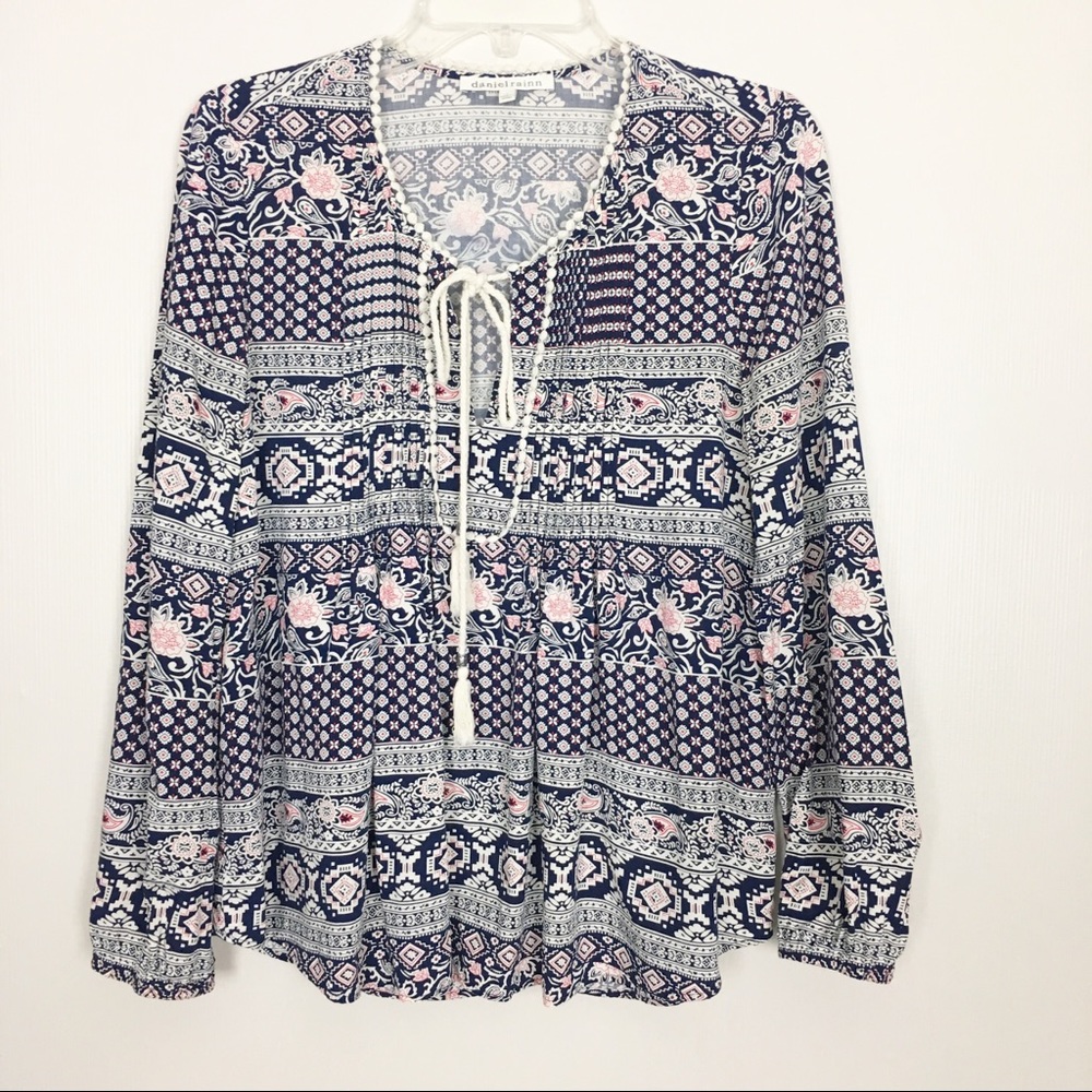 Daniel Rainn Blue Pink Floral Peasant‎ Top S